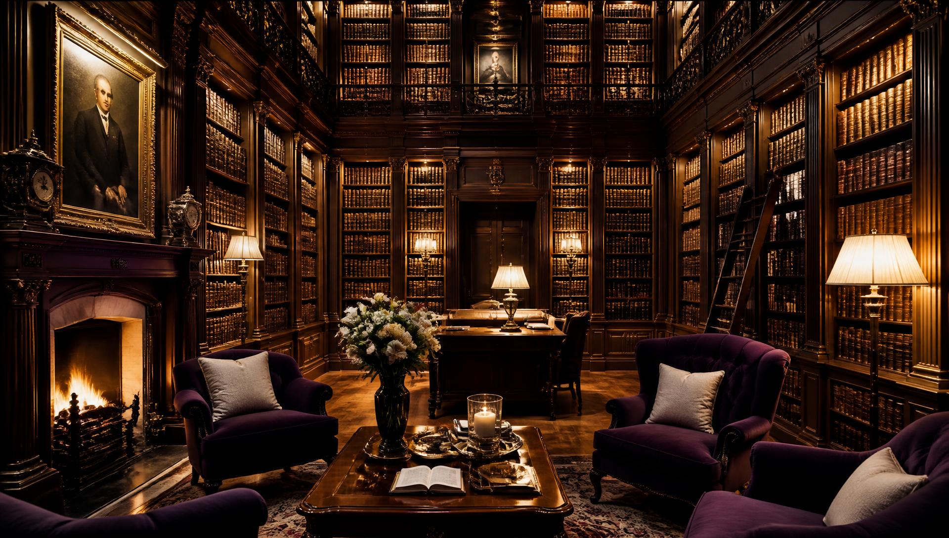 Warmly lit library shelves filled with books